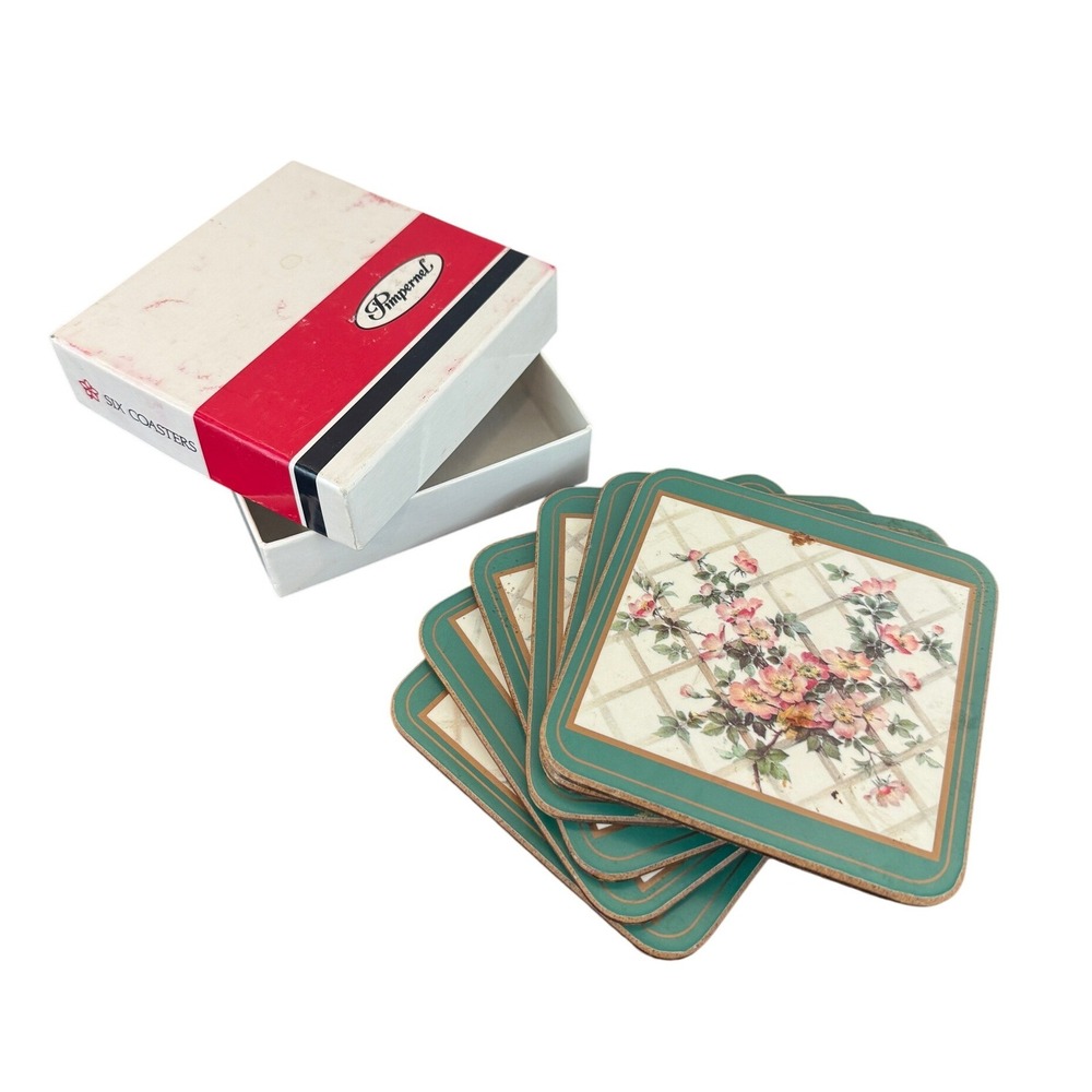 NIB VTG Pimpernel Set of 6 Coasters Romantic‎ Rose Melamine Cork 4 1/8" Square
